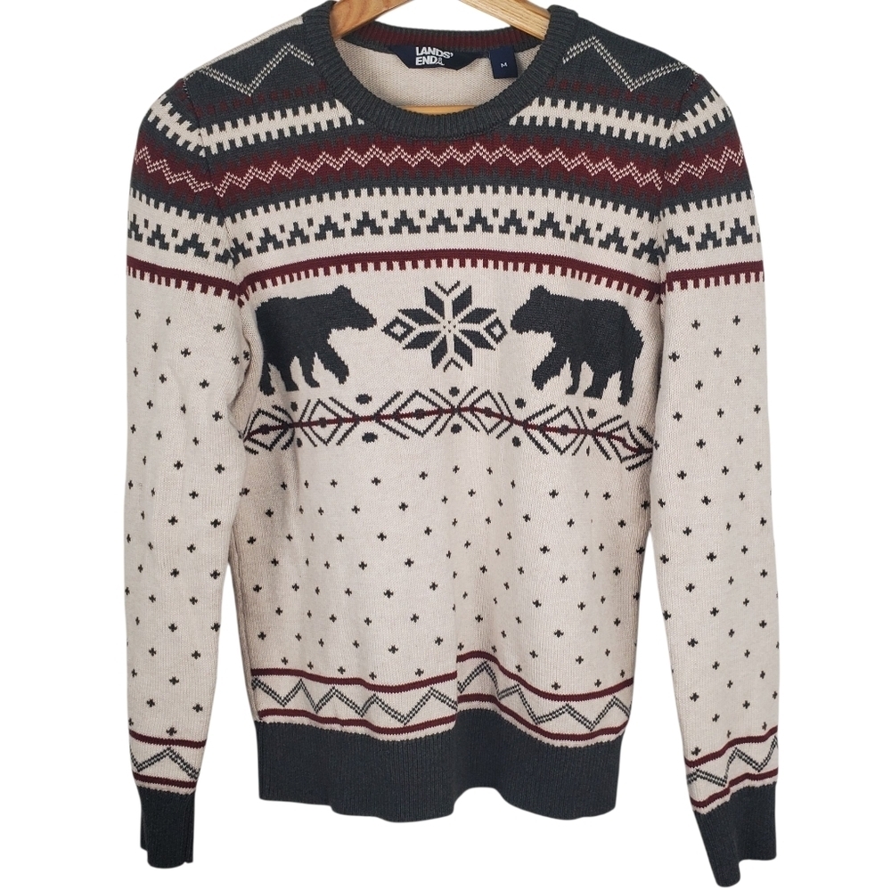 Lands' End Men's Family Holiday Sweater. 100% Cotton Fair Isle. MED. K0129